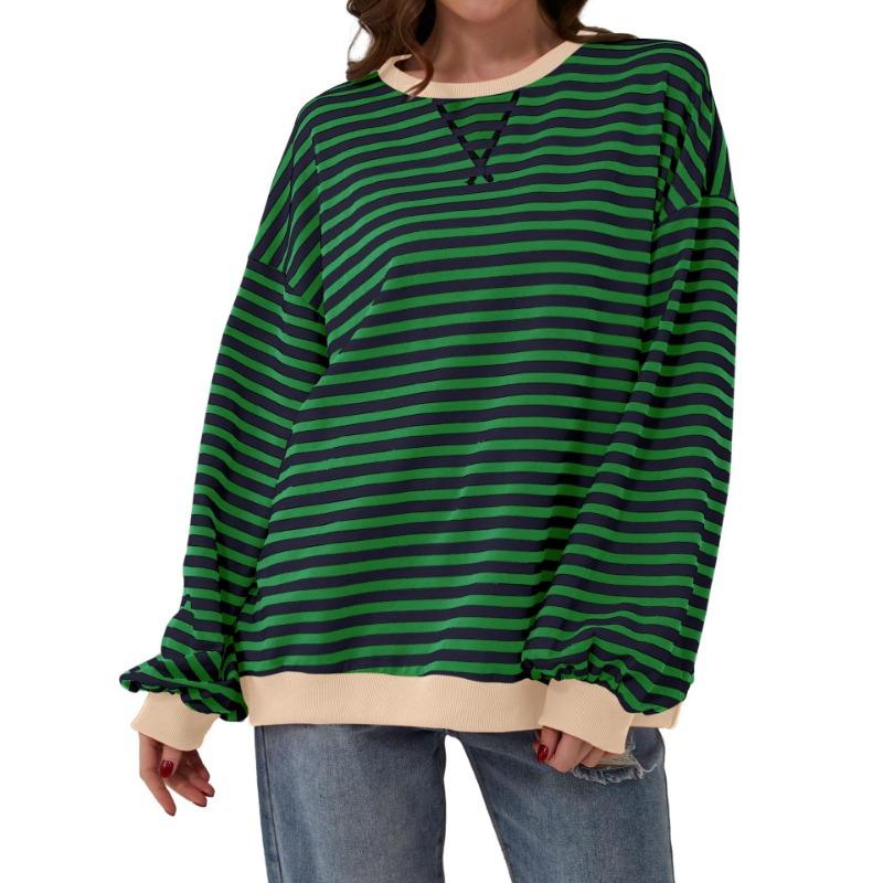 Женская осенне-зимняя полосатая толстовка с круглым воротником Color Collision Loose с длинным рукавом