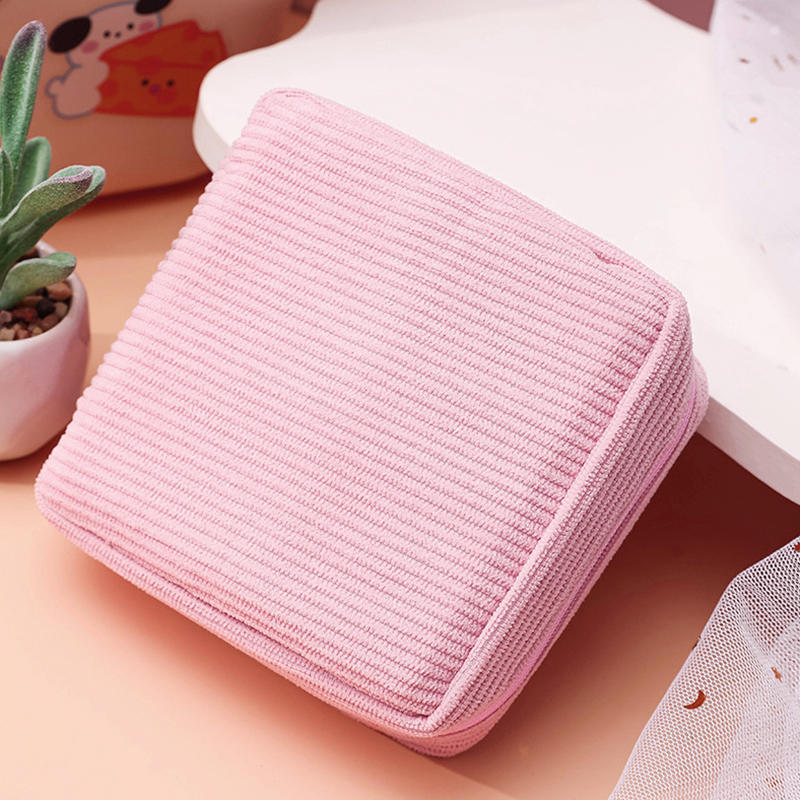 Women Portable Mini Corduroy Sanitary Napkins Storage Bag Travel Solid Color Cosmetic Toiletry Pouch with Zipper