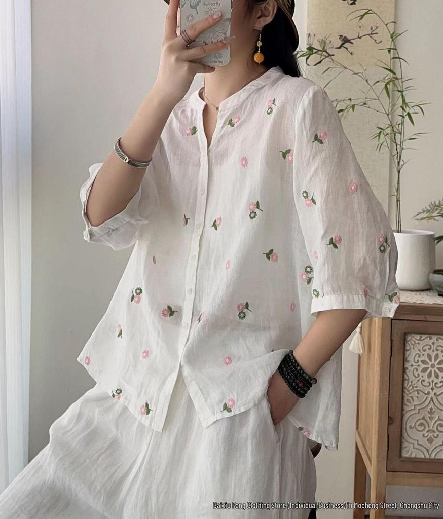 Linen Women's Retro Embroidered Stand Collar Shirt - Summer 2026 Short Sleeve