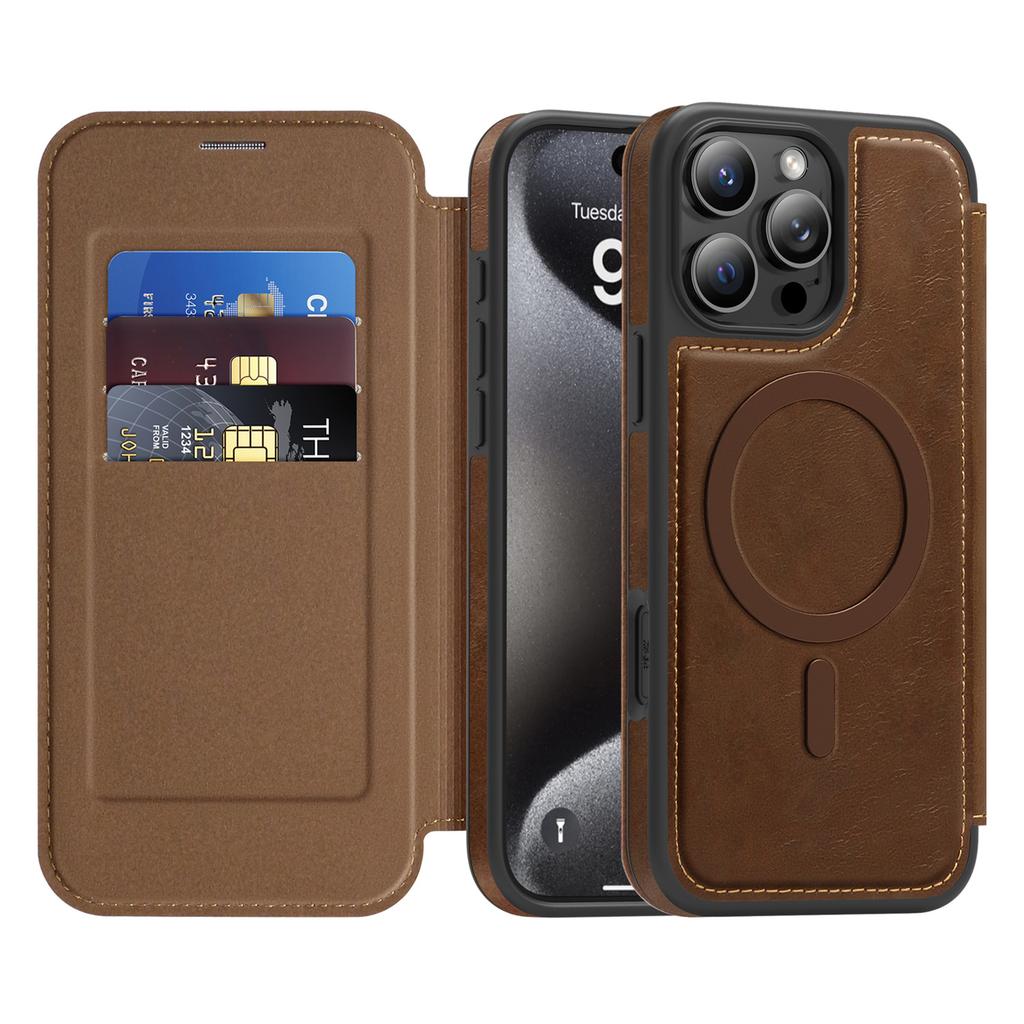 For iPhone 15 Pro Max Case Compatible with MagSafe RFID Blocking Card Holder Leather Phone Cover