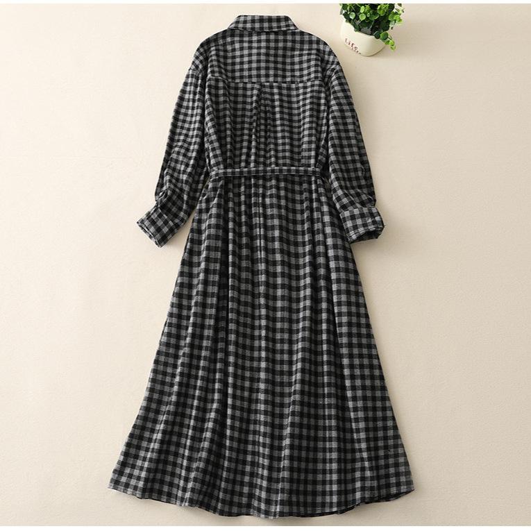2025 весна новая клетчатая юбка рубашка свободная и тонкая одинарная Mori женское среднее и длинное тонкое платье длинное платье