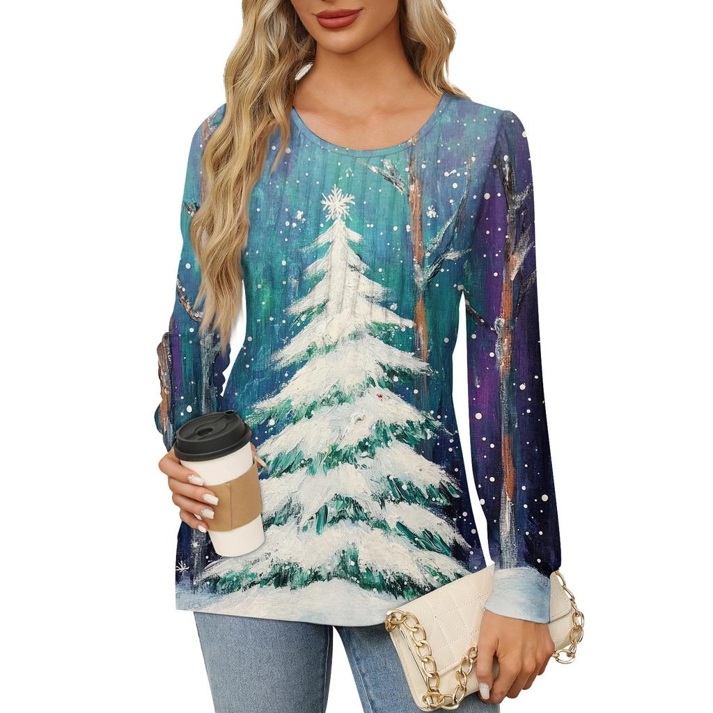 Рубашки с длинным рукавом для женщин Милые принты Графические футболки Блузки Нарядные повседневные блузки Плиссированные туники с круглым вырезом Топы Рождество