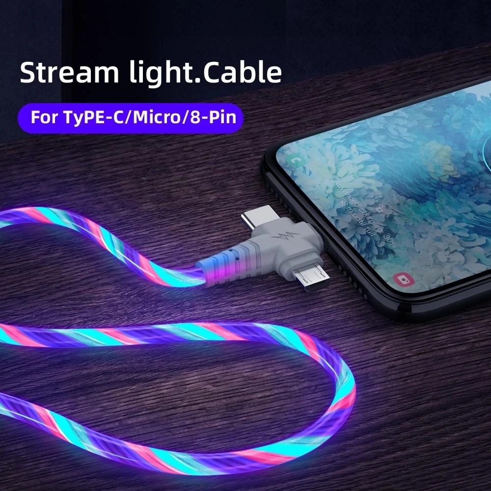 Светящийся USB-кабель 3-в-1, светодиодный кабель для зарядки смартфона, кабель USB-mini USB/C-type/8-pin для быстрой зарядки iPhone, Samsung, XIAOMI ONEPLUS