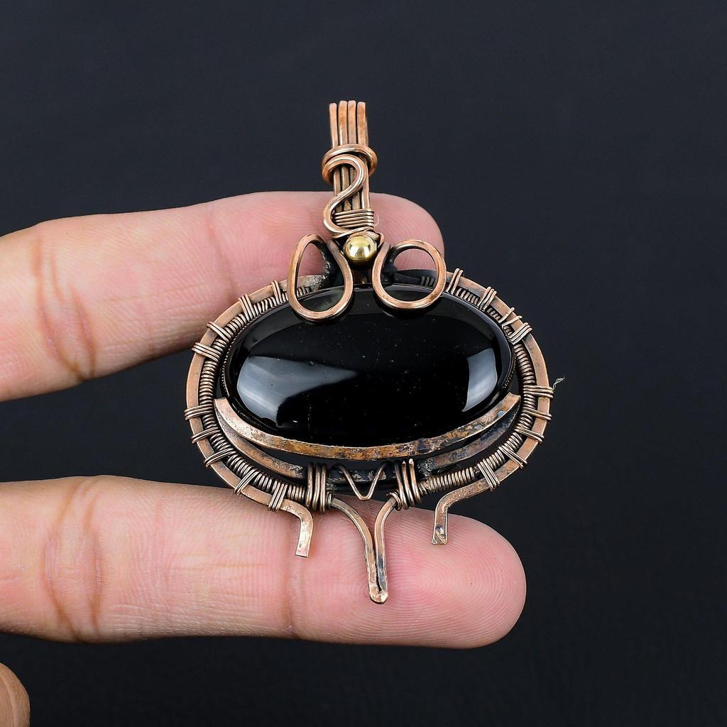 Черный драгоценный камень оникс чистая медная проволока обернутая ювелирные изделия ручной работы кулон