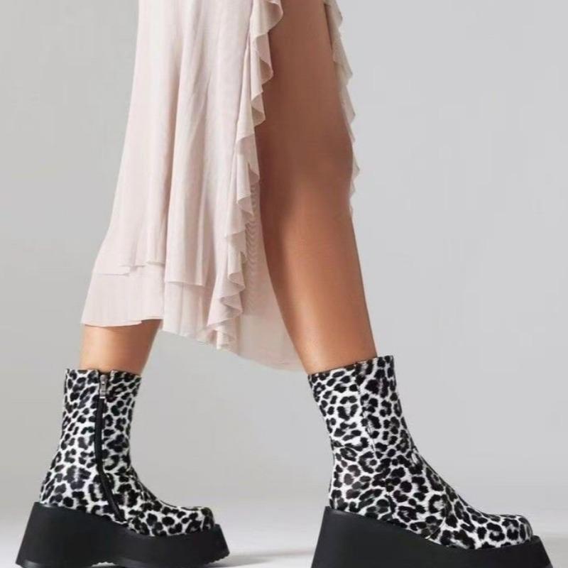 Women Leopard Platform Ankle Boots Fashion Wedges High Heels Shoes Winter 2025 Trend Designer New Pumps Goth Chelsea Botas Mujer