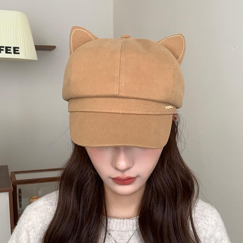 Женская восьмиугольная шляпа с кошачьими ушками и надписью, осенне-зимняя, в японском ретро-стиле, подчеркивающая лицо, кепка газетчика, милый берет с уткой