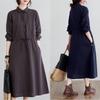 2025 Autumn Korean Style Cotton-Linen Polo Collar Elegant Long Sleeve Shirt Dress