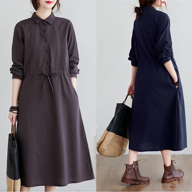 2025 Autumn Korean Style Cotton-Linen Polo Collar Elegant Long Sleeve Shirt Dress