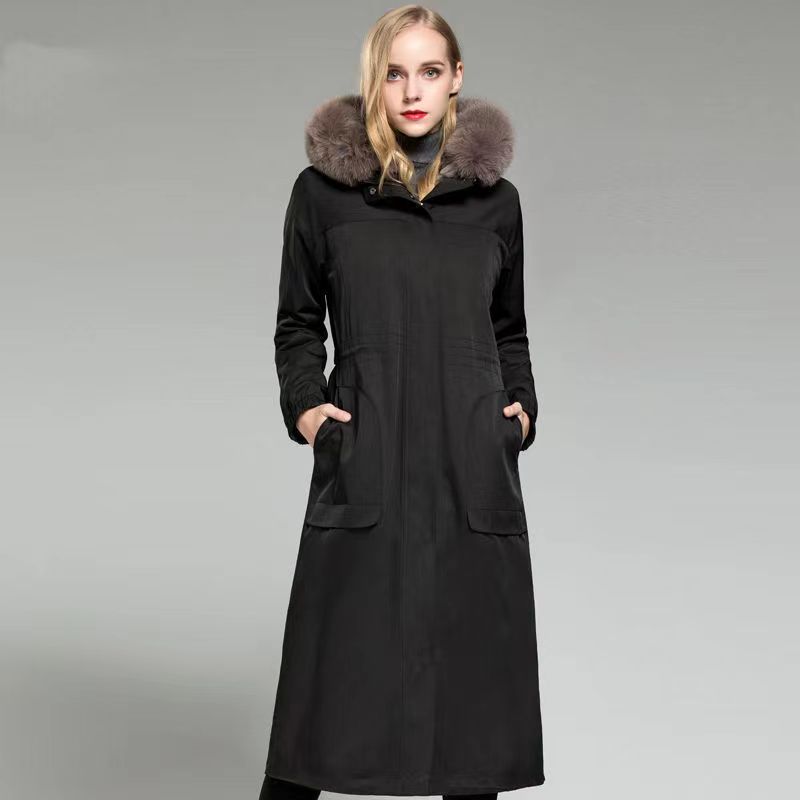 Pie Overcome Women's Knee Length Rex Rabbit Fur Liner Detachable Imitation Fox Fur Collar Lengthening and Thickening Faux Fur Coats for Women