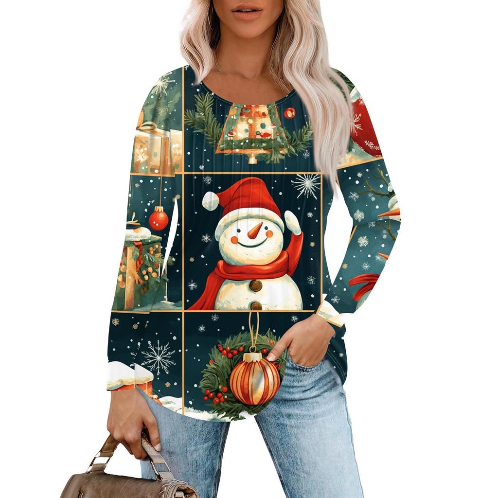 Женская повседневная футболка с круглым вырезом и длинными рукавами с рождественским принтом и складками