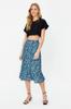 Women's Fashion Purple Printed High Waist Midi Stretchy Knitted Skirt with Gather Detail and Flounce