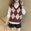 Женский вязаный жилет с ромбовидным узором, свободный, с V-образным вырезом, без рукавов, пуловер, майка, повседневный школьный свитер-топ