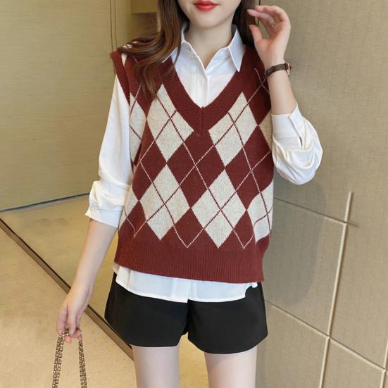 Женский вязаный жилет с ромбовидным узором, свободный, с V-образным вырезом, без рукавов, пуловер, майка, повседневный школьный свитер-топ