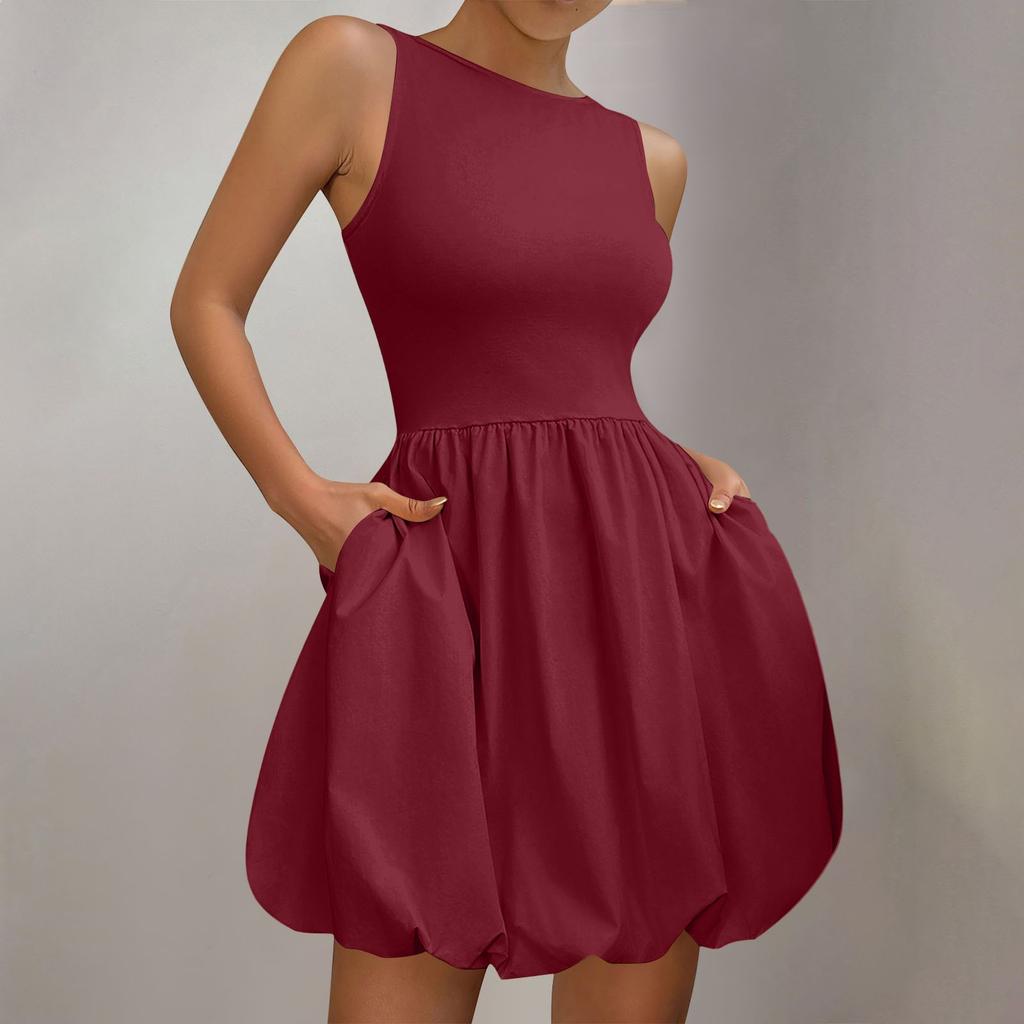 Женское платье-солнце, летнее, повседневное, однотонное, А-силуэт, без рукавов, топ-платье