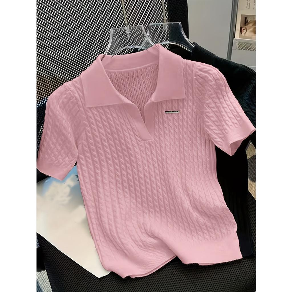 Temperament Lapel Ice Silk Knit Top Летняя свободная тонкая футболка с короткими рукавами