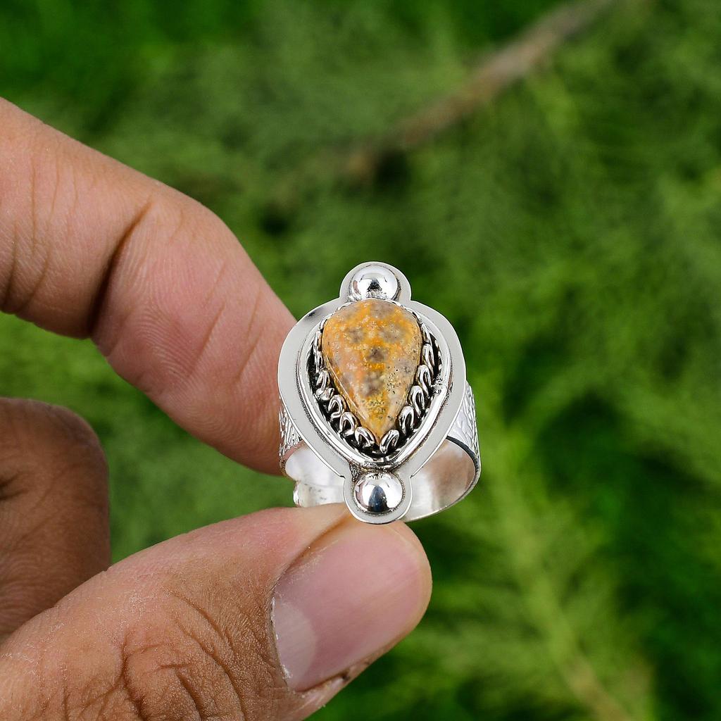 Gift For Women Statement Adjustable Ring 925 Silver Natural Ocean Jasper