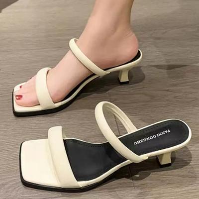 2024 летние босоножки с квадратным носком, новые универсальные утягивающие тапочки с открытым носком, высокие каблуки, женские туфли-лодочки