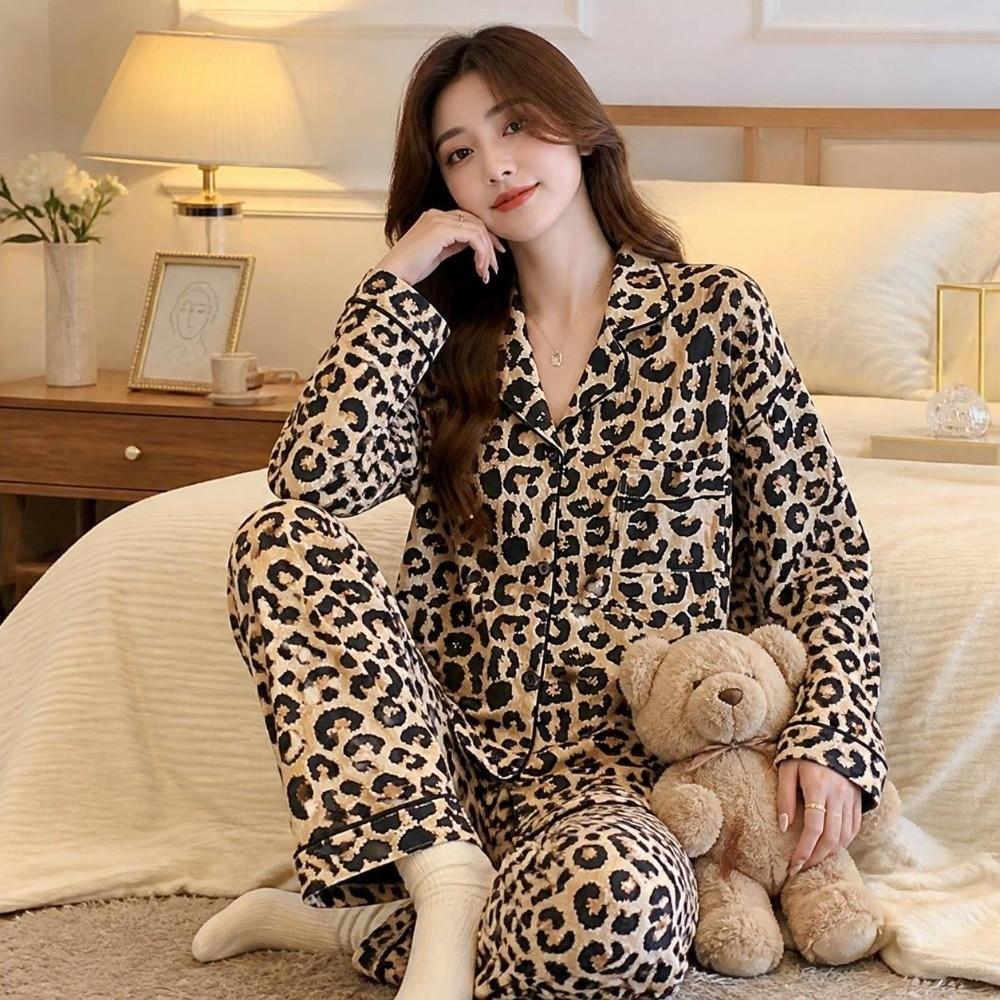 Bow Long Pajama Set Bear Lady Nightwear Suit Comfortable Women's Loungewear Female