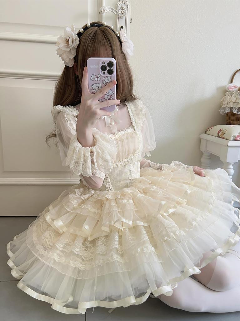 XHSUKADO Lolita JSK Сарафан с мечтательным милым готическим лолита нарядом с оборками и Мори идолом Абрикосовый Размер M Лента, Женское цельное платье,