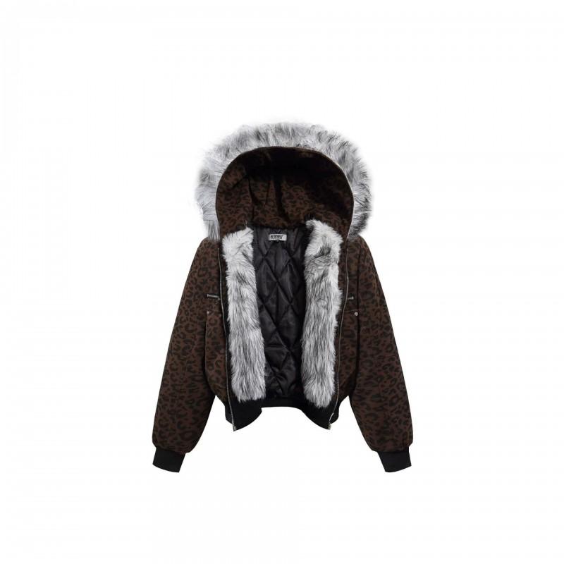 American Vintage Leopard Print Parka Hooded Zip Up Loose Fit Winter Cotton Coat Teens