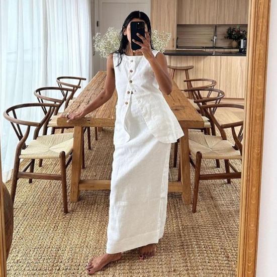 Women Casual Suit Square Collar Sleeveless Vest Long Skirt Suit Summer Matching Set for Party Office Daily Wear