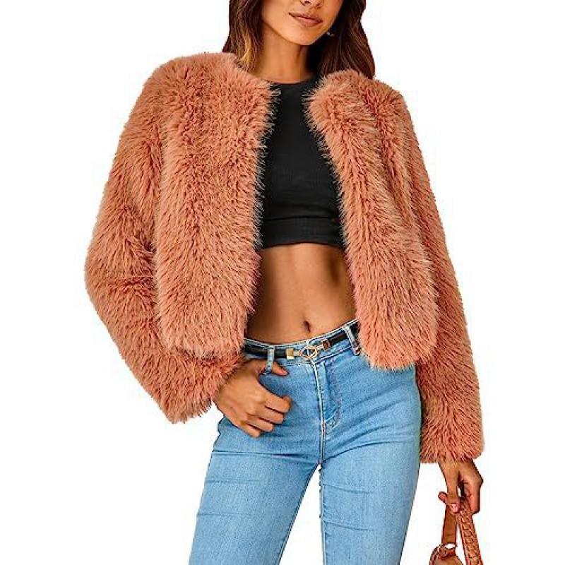Womens Short Faux Fur Jacket Winter Warm Coat Long Sleeve Round Neck Casual Chic Outerwear