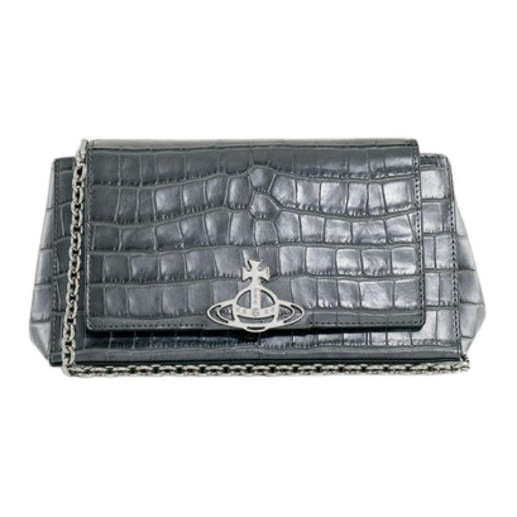 Vivienne Westwood Hazel Crocodile Pattern Magnetic Closure Leather Shoulder Bag Medium Women bags Black 46020001WL00A2ANTHRACITE