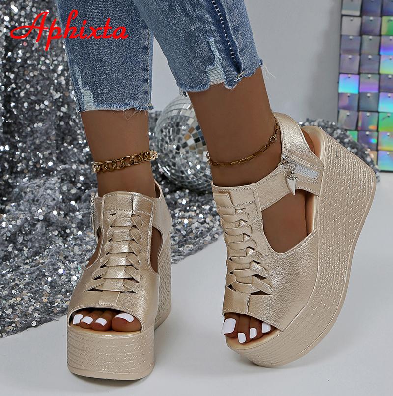 Aphixta Summer 9cm High Wedge Heel Platform Sandals Woman Sandals Gold Upper Women Zip Summer Shoes Peep Toe Sandals Big Size 43