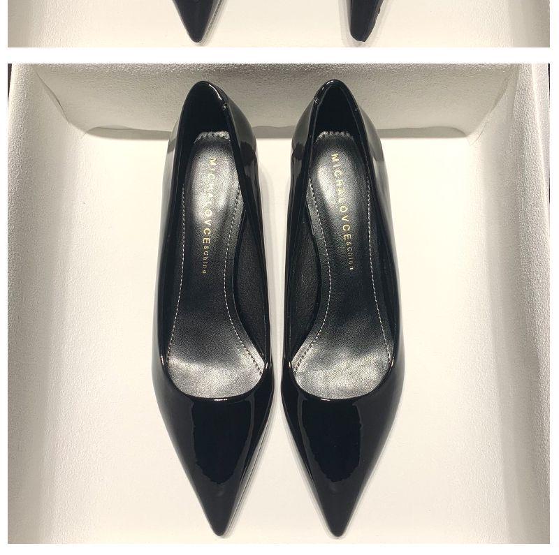 2025 Женские черные лакированные туфли на низком каблуке с острым носком для работы - Универсальный и простой дизайн