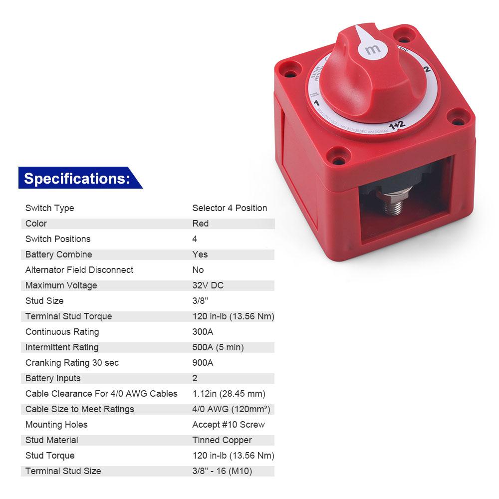 3 4 Position Battery Mass Switch Cut Single Dual M-Series Marine Boat 32V 300 Amp Heavy Duty Isolator Disconnect Rotary