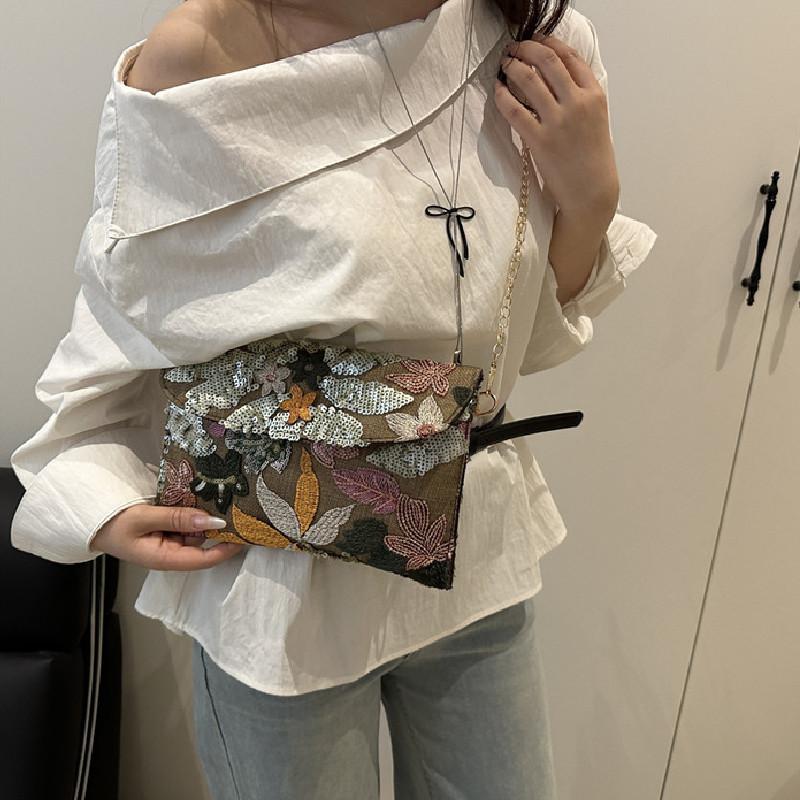 Fashion Floral Embroidery Sequins Decoration Casual Shoulder Bag For Womens Urban Streetwear