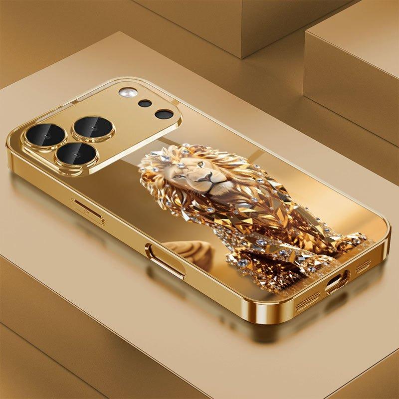 Стеклянный чехол для телефона iPhone 17 11 12 13 14 15 16 Pro Max 15 Plus 17Air 16E с золотым узором льва и золотой металлической краской