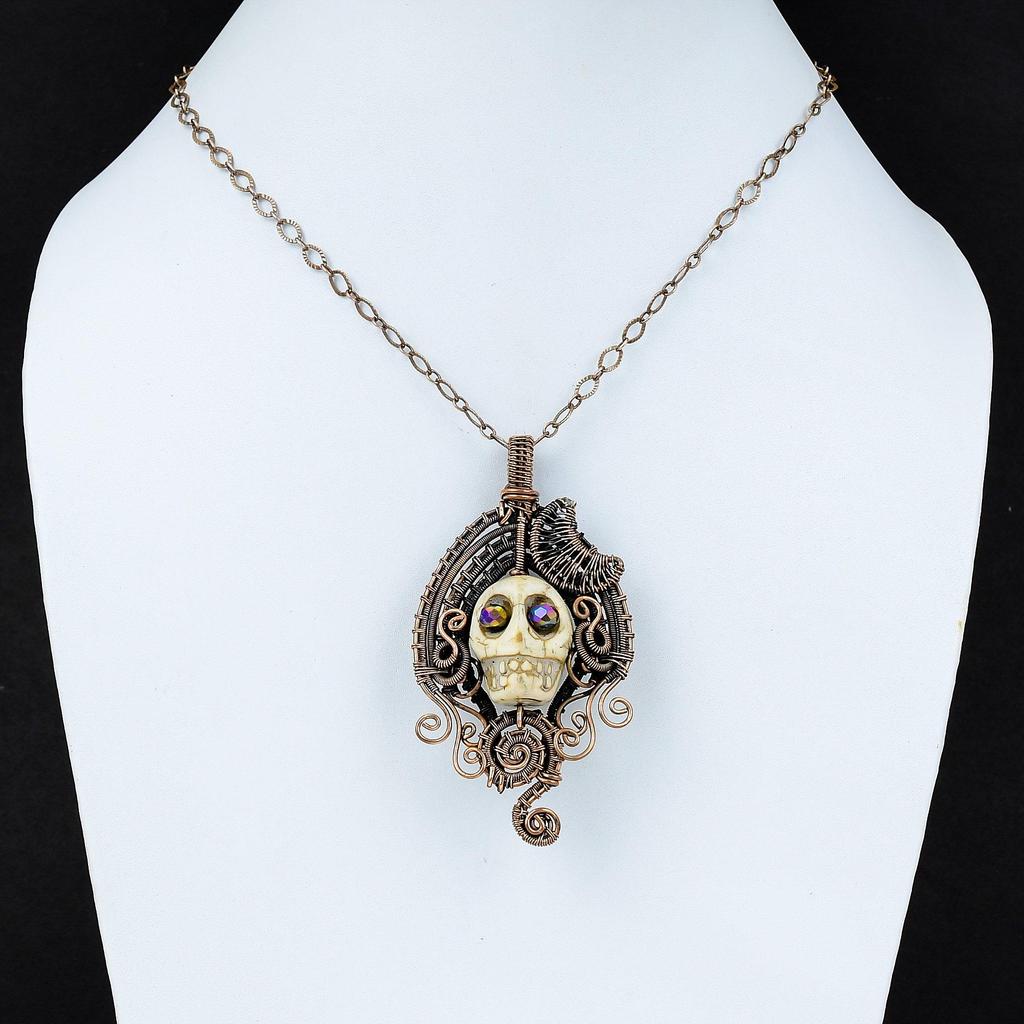 Подвеска из говлита, медная проволока, обернутая подвеска, череп, кость, кулон для лица, титановая бусина, глаза, ювелирные изделия, кулон с драгоценным камнем, ювелирные изделия из медной проволоки ручной работы