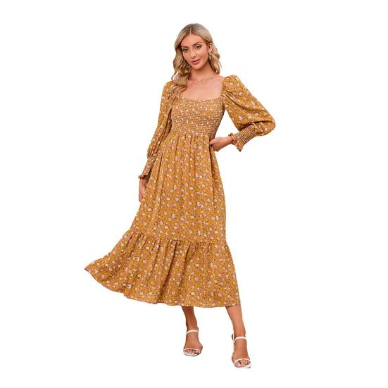 Женское платье с длинными рукавами, цветочным принтом, А-силуэтом, квадратным вырезом, миди-платьем, эластичным бюстом, открытой спиной, плиссированным подолом, весна-осень