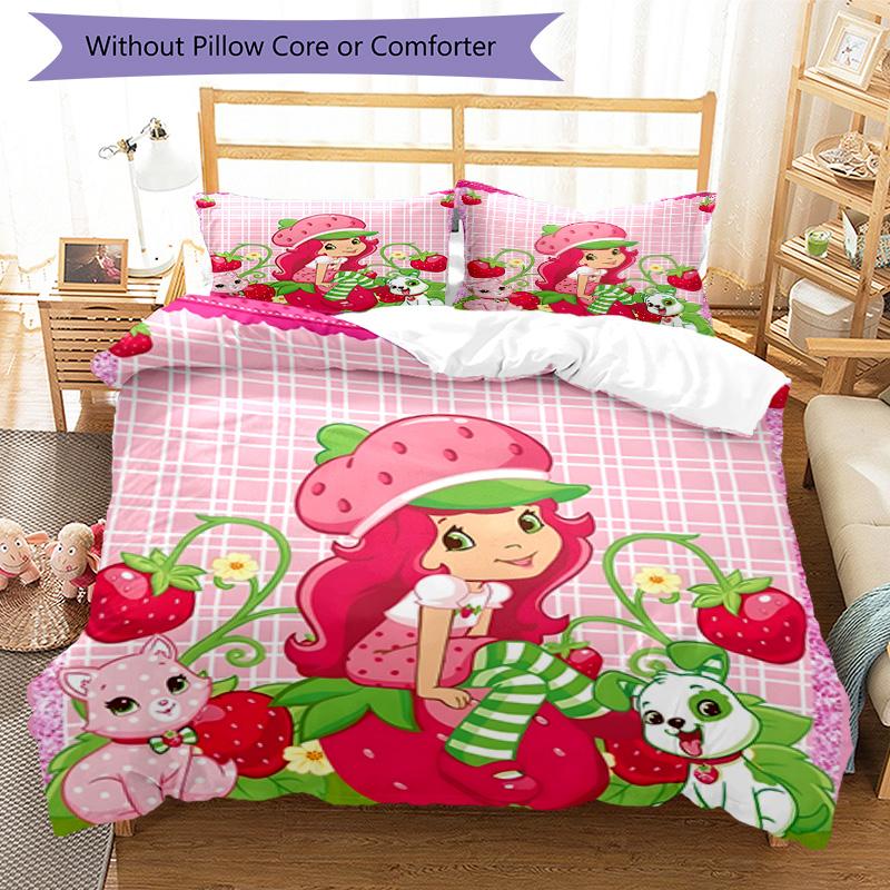 3pcs Princess Strawberry7 Design Cover Set - HD Printed Bedding with 1 Cover and 2 Pillowcases - Perfect for Home and Dorm Decor