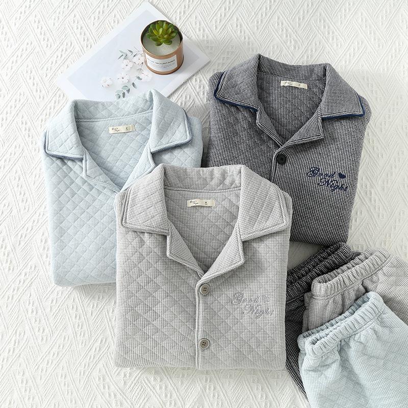 Мужская вышитая стеганая пижама - Трехслойный воздушный хлопок, С длинным рукавом, Теплая, Для осени/зимы