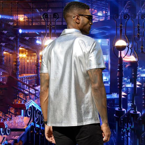 Летняя мужская рубашка с глянцевой поверхностью и отложным воротником, однобортная с короткими рукавами, свободный однотонный топ для вечеринки, ночного клуба, танцевальной уличной одежды