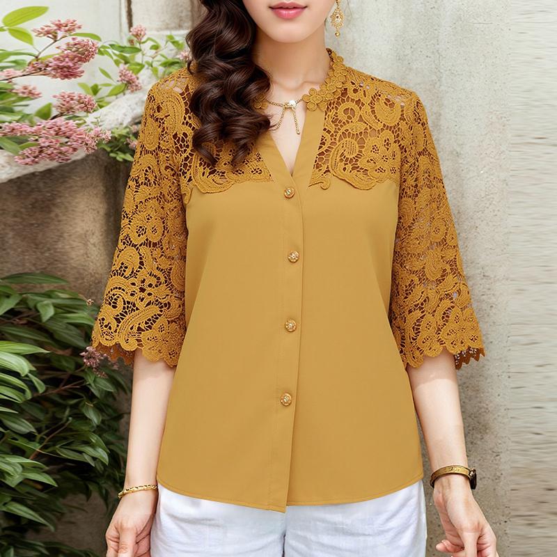 ZANZEA Женская летняя блузка с V-образным вырезом и рукавом 3/4, повседневная, с лоскутной вязкой крючком