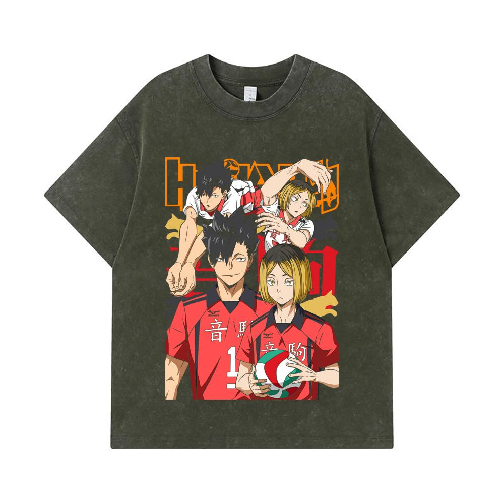 275 GSM Washed T-shirts 100% Cotton Haikyu V6 Print Unisex Heavy Cotton T Shirt