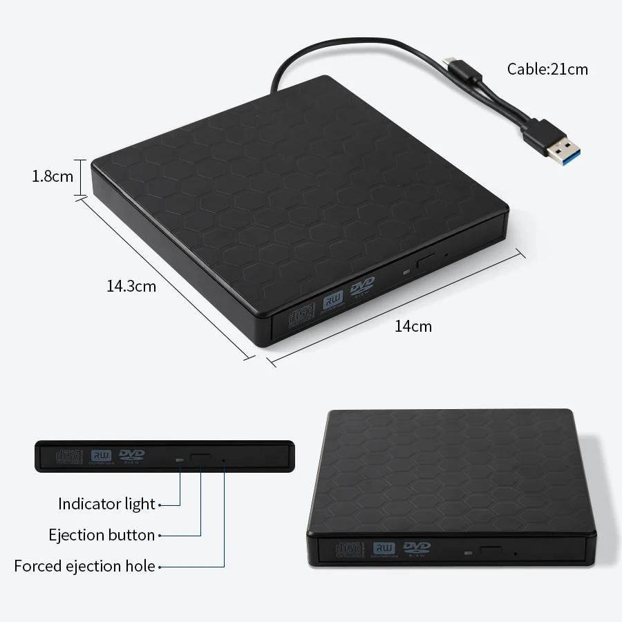 External DVD Drive USB 3.0 Type-C USB C Portable DVD Player External CD-RW Drive DVD-ROM Burner Player For Laptops Desktop PCs