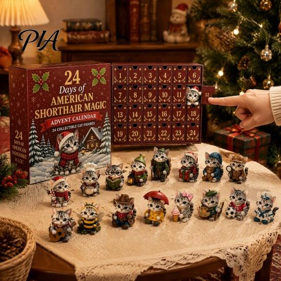 Festive Window Display 24 Days Christmas Advent Calendar with Acrylic Cat Figurines, Countdown Lover Holiday Present for Lovers, Decorative Miniature