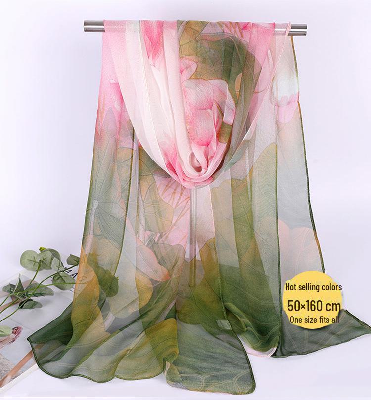 Lotus Georgette Silk Scarf: Medium-Length Printed Summer Shawl for Sun Protection and Dance, All-Match Mother Style.