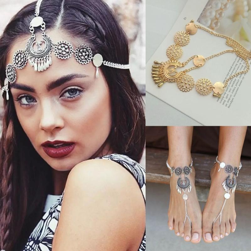 Цепочки для головы Ювелирные украшения Фестиваль Выпускной костюм Аксессуары для волос Модные повязки на голову Богемные головные уборы для невесты, девочки-цветочницы