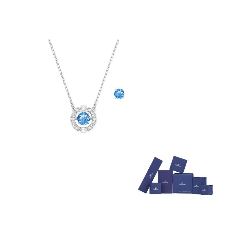 Swarovski Набор серег-обручей и ожерелье для женщин, синий/позолоченный белый