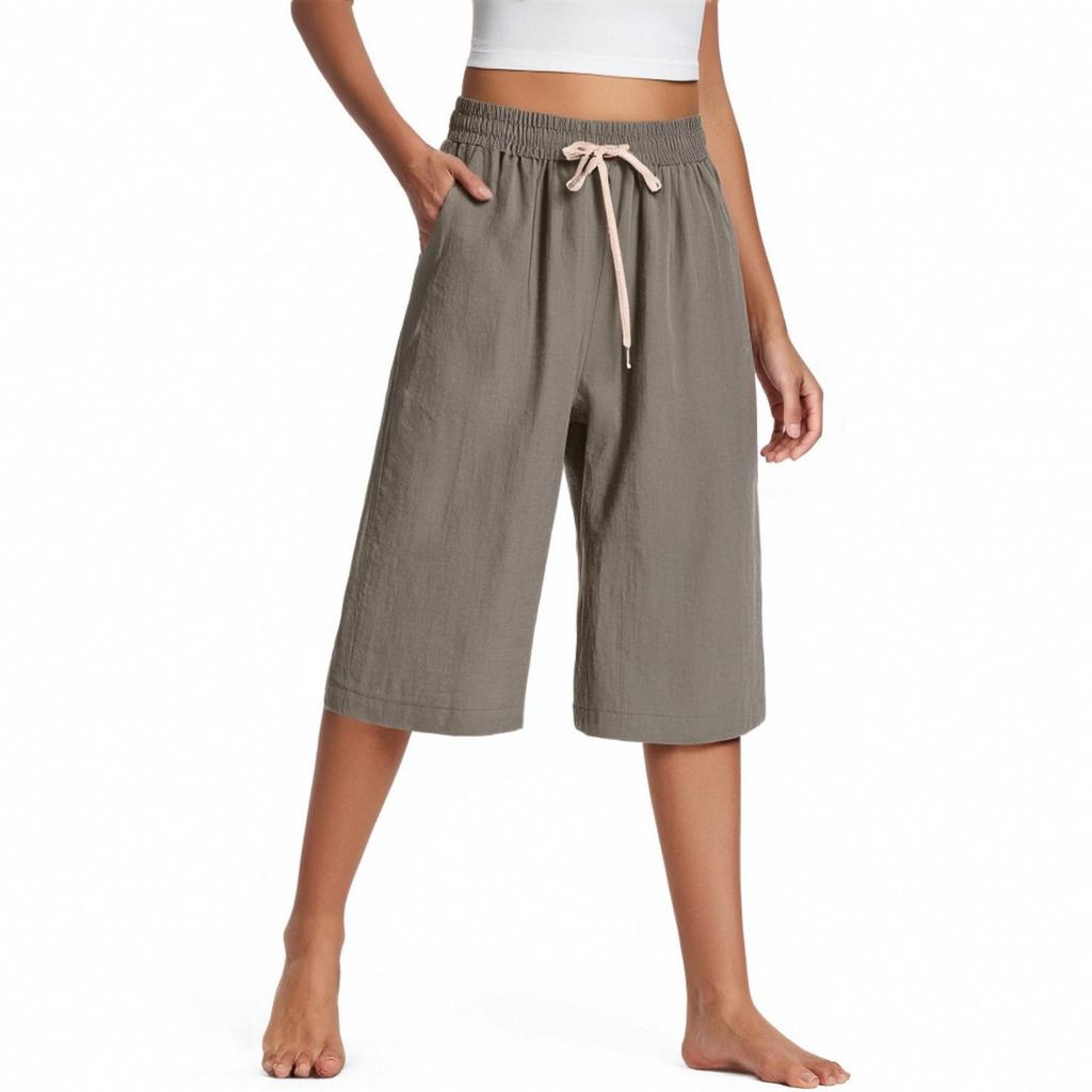 Женские широкие брюки с карманами, легкие, с высокой талией, свободные, укороченные брюки с поясом