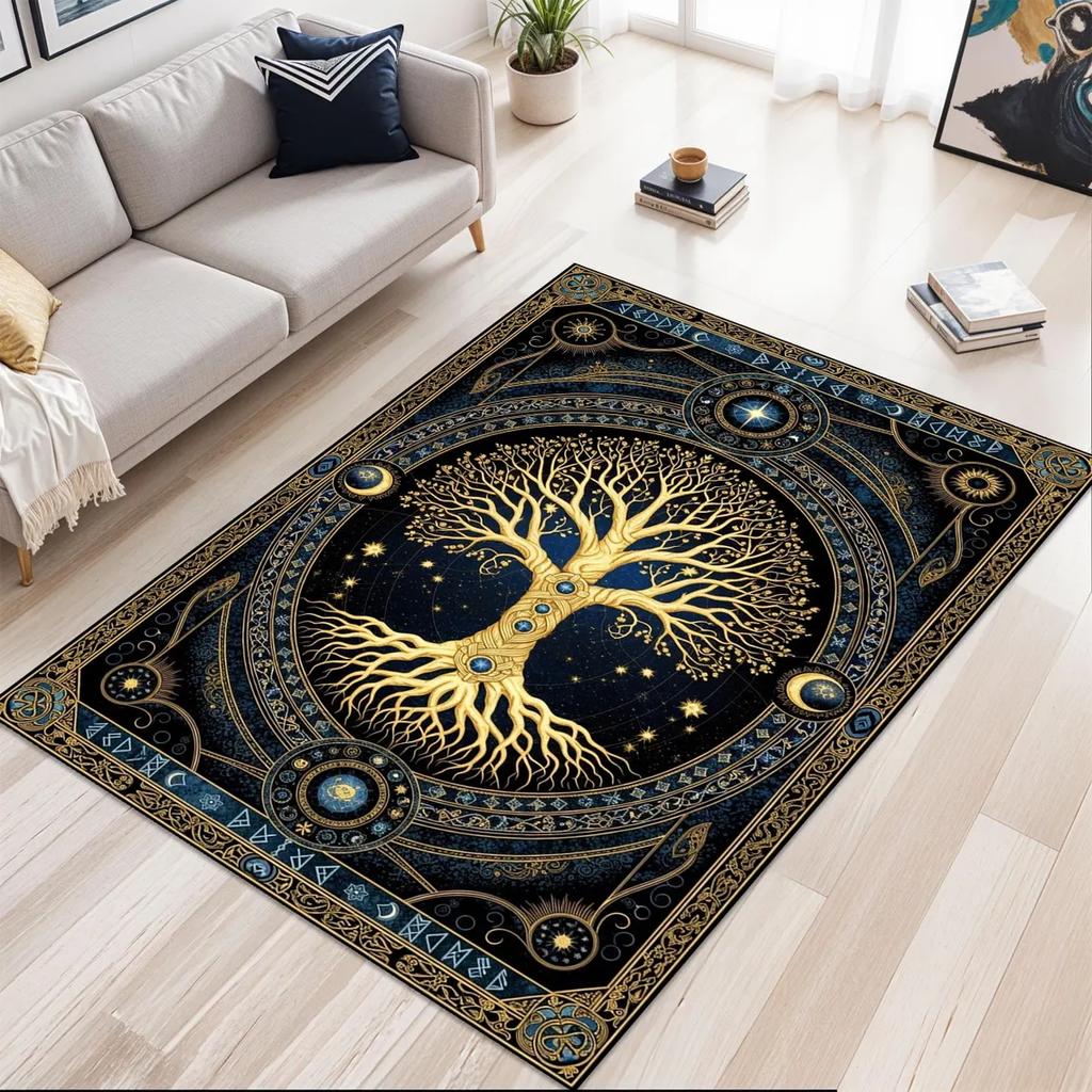 Tree of Life Norse Runes Area Rug – Viking Themed Carpet – Soft Non-Slip Floor Mat for Living Room, Bedroom & Pagan Decor