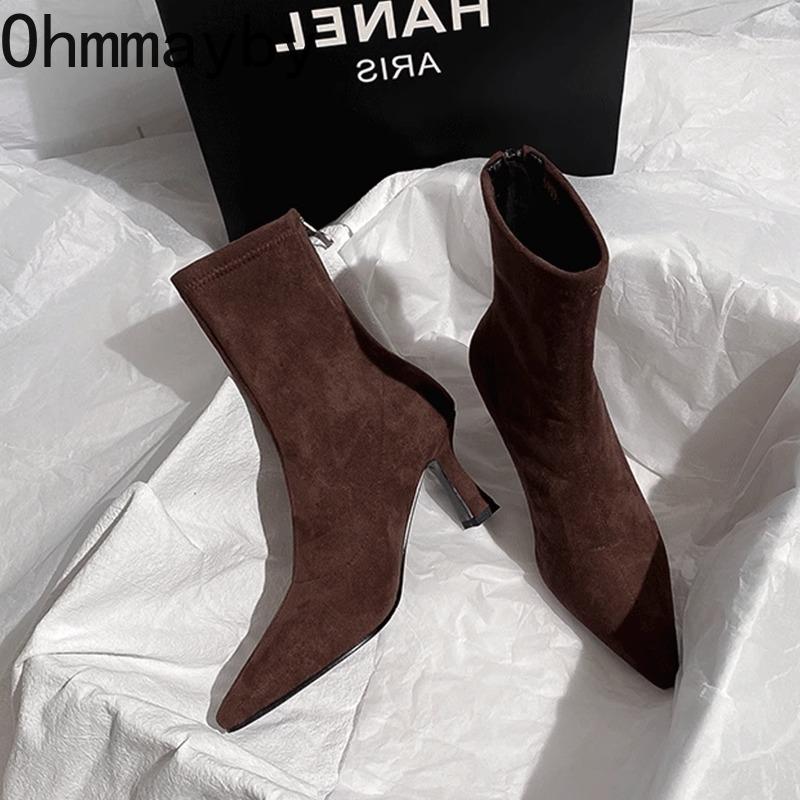 Винтажные женские ботильоны-носки с острым носком, осенние элегантные женские ботильоны для вечеринки на высоком каблуке, короткие ботильоны
