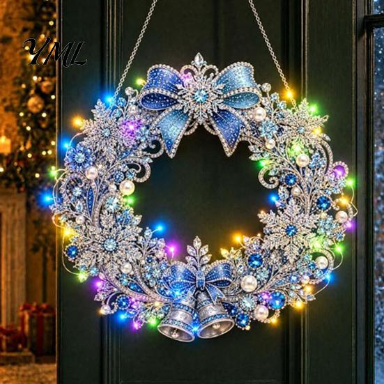 DIY Home Holiday Decor Acrylic Christmas Faux Pearl Art Hanging Kit, Lighted Wreath 3D Beaded Craft Painting Set Kit with LED String Light,