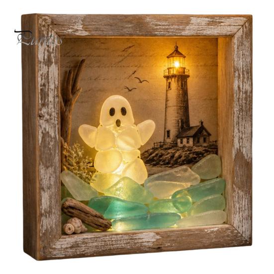 Ручная работа, Декор комнаты на Хэллоуин, Набор для создания DIY Shadow Box (Световая коробка), Ночник, Деревянная рама 8,5 дюймов, Набор для творчества со светодиодами, Светящиеся морские акриловые камни, Светящийся