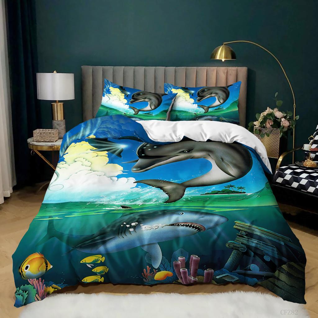3D Digital Marine Style Quilt Cover Three-piece Set Bedding Pillowcase
